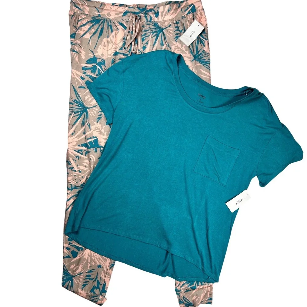 Alfani Intimates Womens Soft Pajama Set Medium Teal Tropical Palm Print 2pc NWT